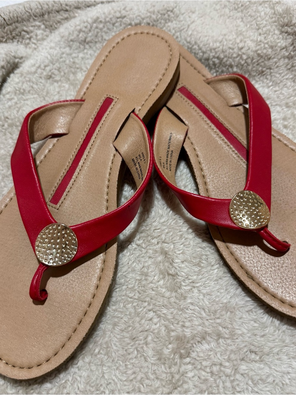 Women's Red Thong Sandals with Gold Decorative Button